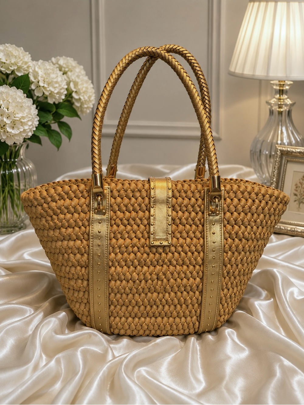 MICHAEL Michael Kors Woven Straw Tote Gold Trim Braided Handles